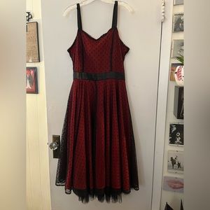 Lucky-13 size 2XL polka dot black mesh over red silky dress. Pinup rockabilly